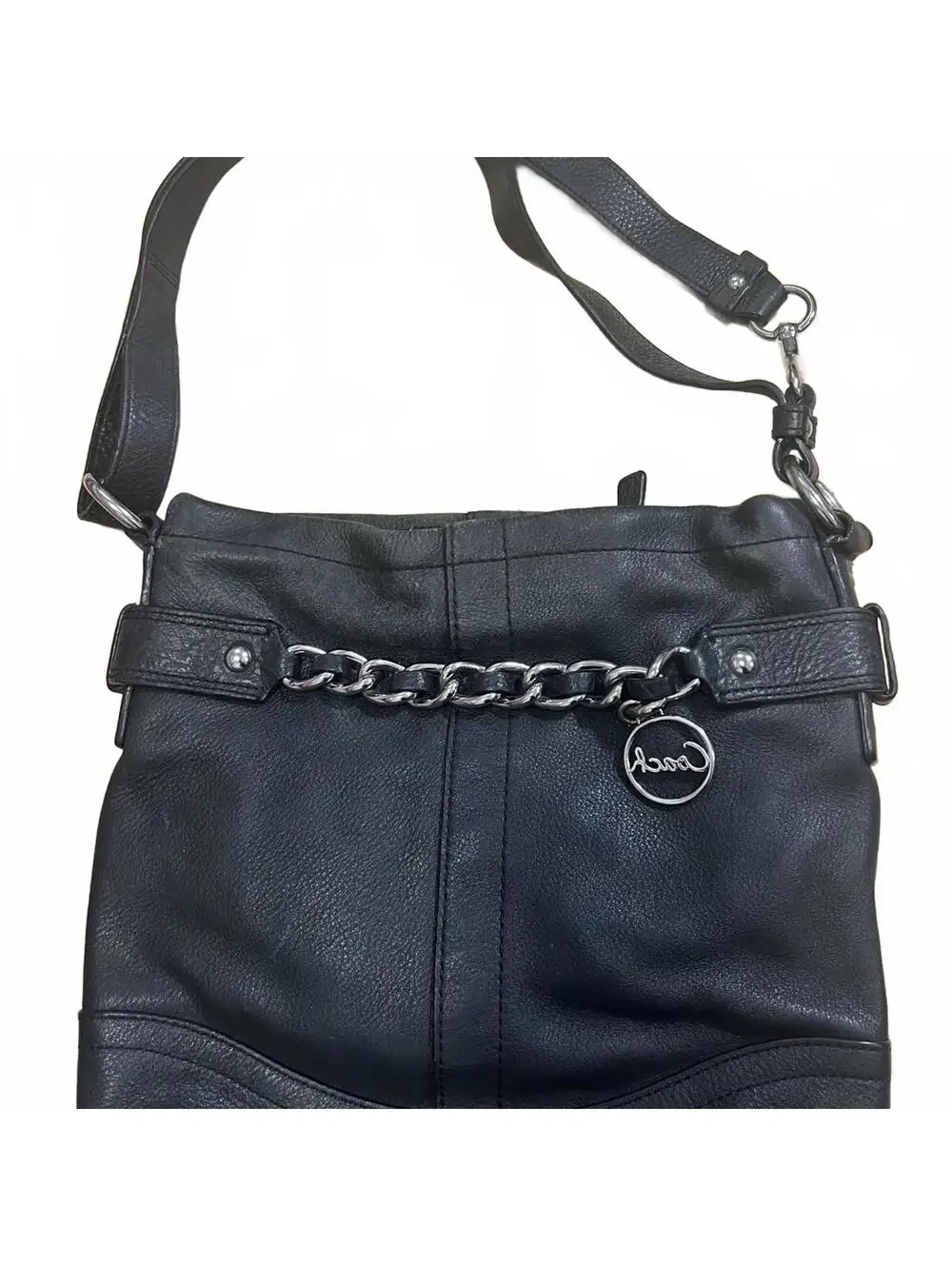 Coach Soho Black Leather Crossbody Bag Silver Logo Chain F19722